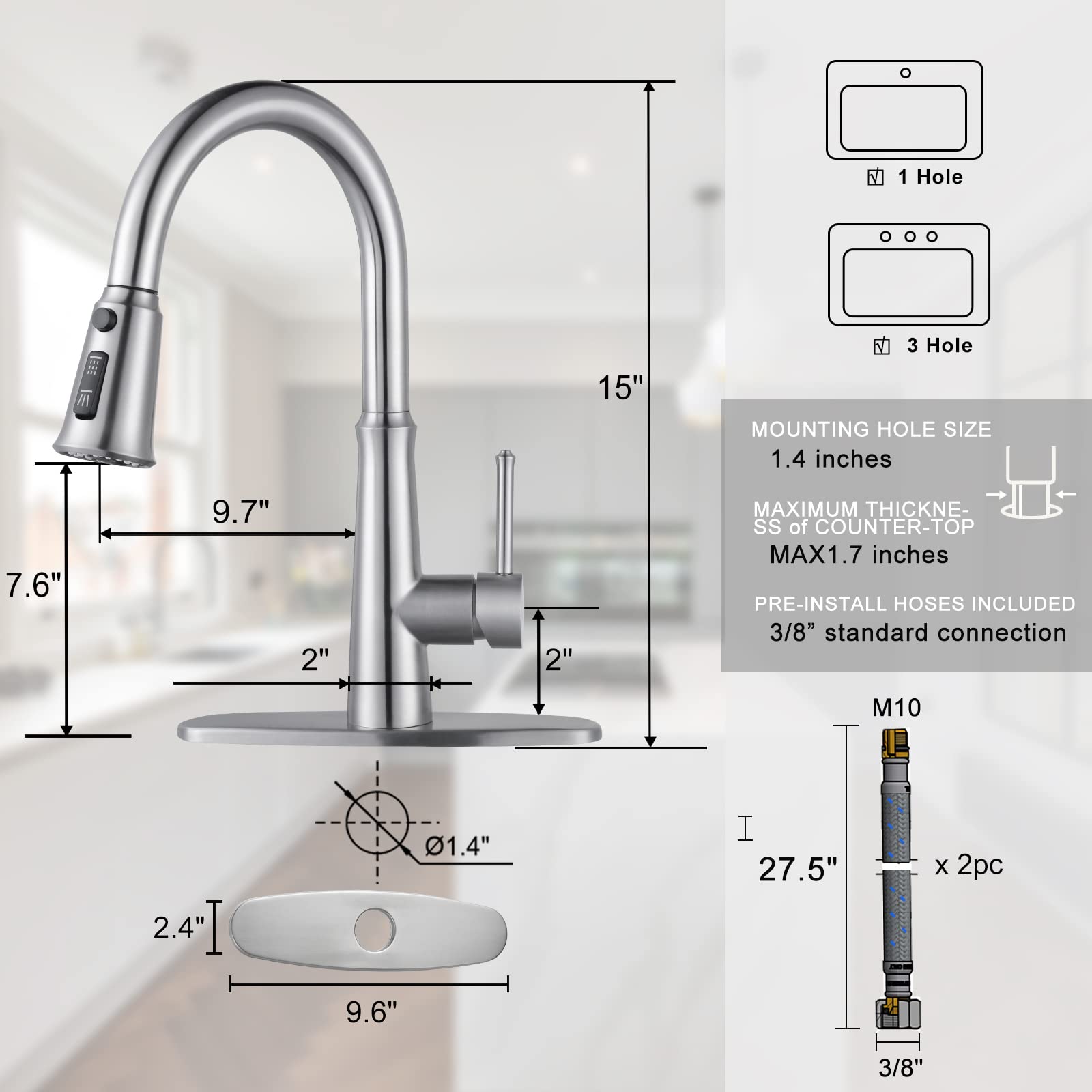 Wowow Kitchen Faucets With Pull Down Sprayer, Stainless Steel Kitchen Sink Faucet Brushed Nickel Kitchen Faucet For Sinks 1 Or 3